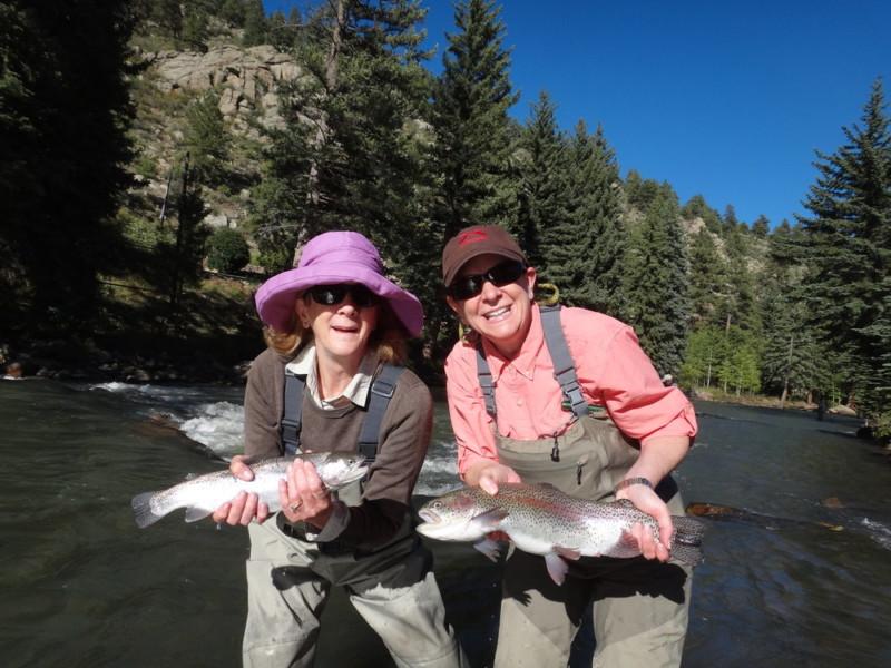 Doubled up as two female anglers fly fishing with North Fork Ranch Guide Service caught matching Rainbow Trout on the Private Water section.