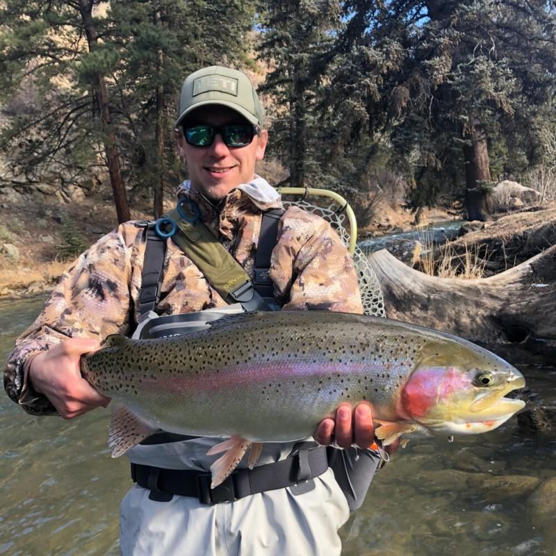 Man holds large rainbow trout up above the water